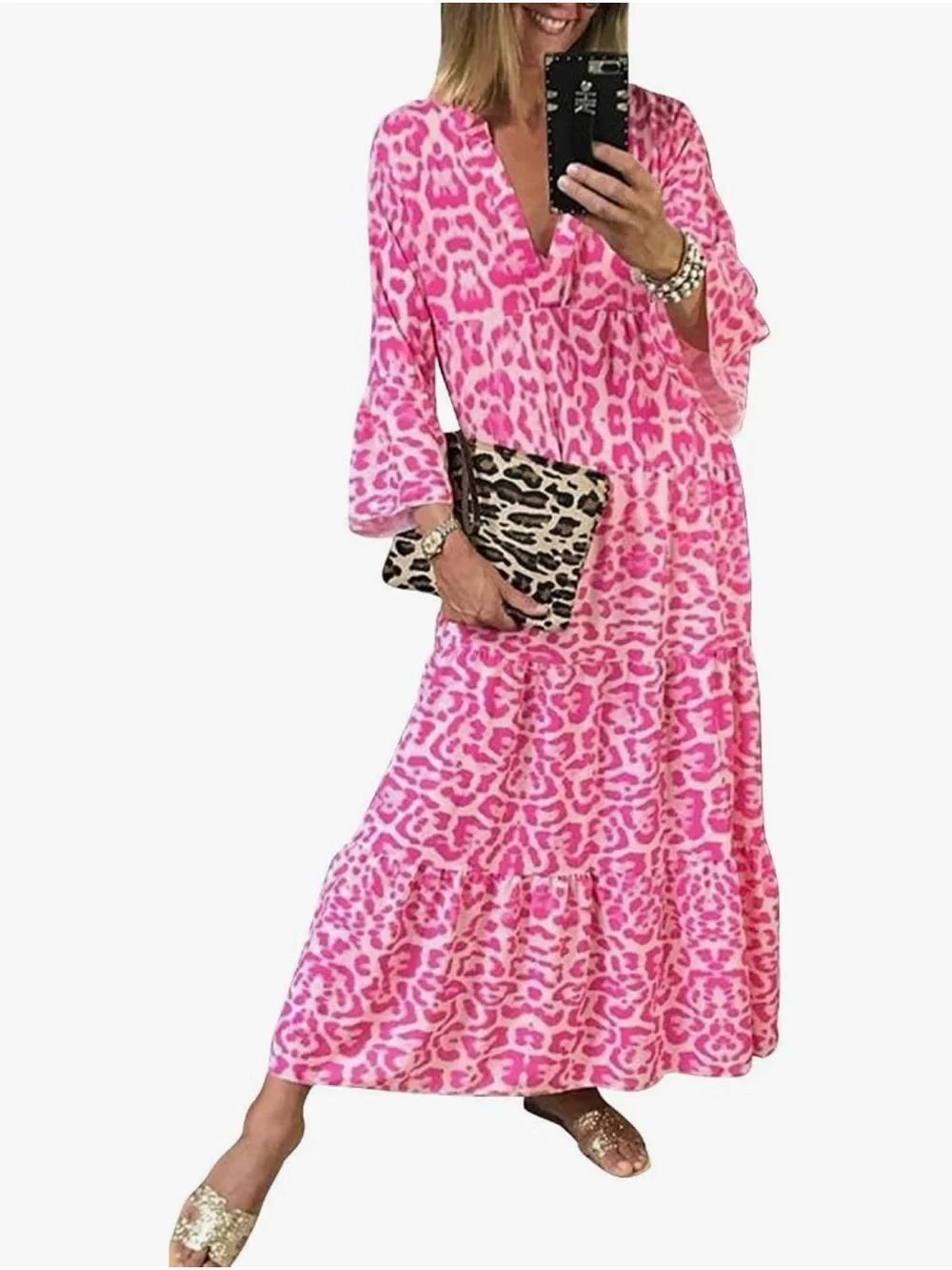 Women's Boho Leopard Print Ruffle Long Sleeve V Neck Maxi Dress